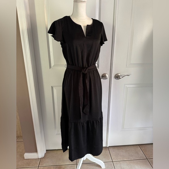 Lucky Brand Women's Flutter Sleeve Satin Tiered Midi Dress - Picture 12 of 16